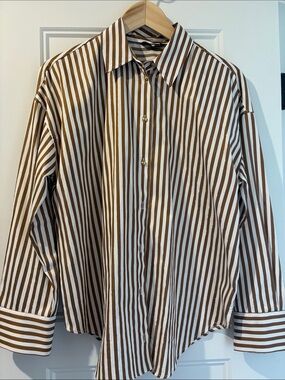 Zara Brown and White Striped Button-Up Shirt